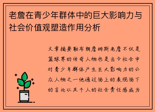 老詹在青少年群体中的巨大影响力与社会价值观塑造作用分析